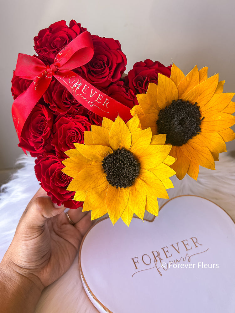 NEW Sunflower and Roses - Heart Box (FREE GIFT BOX) - Forever Fleurs